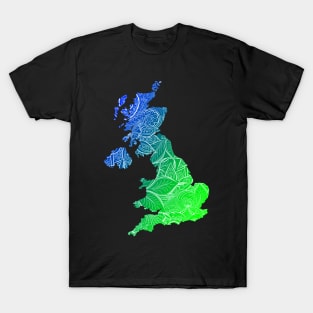 Colorful mandala art map of United Kingdom with text in blue and green T-Shirt